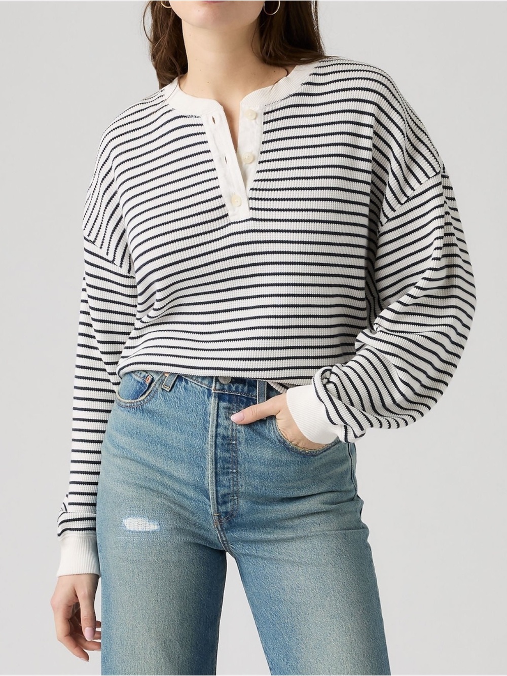 Levi's Lassen Henley Medium Striped Thermal Knit Button Up Long Sleeve Top Shirt
